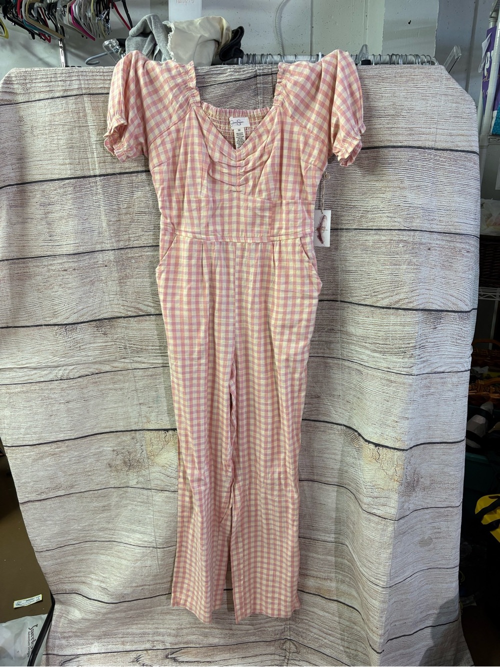 😍 Jessica Simpson Pink Gingham Short-Sleeve Jumpsuit